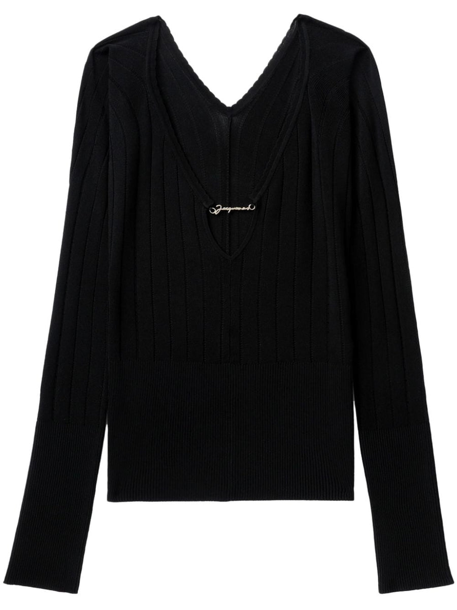 Jacquemus Le Haut Pralu Top Sleek Black Knit with V Neck Ribbed Cuffs for Refined Modern Women