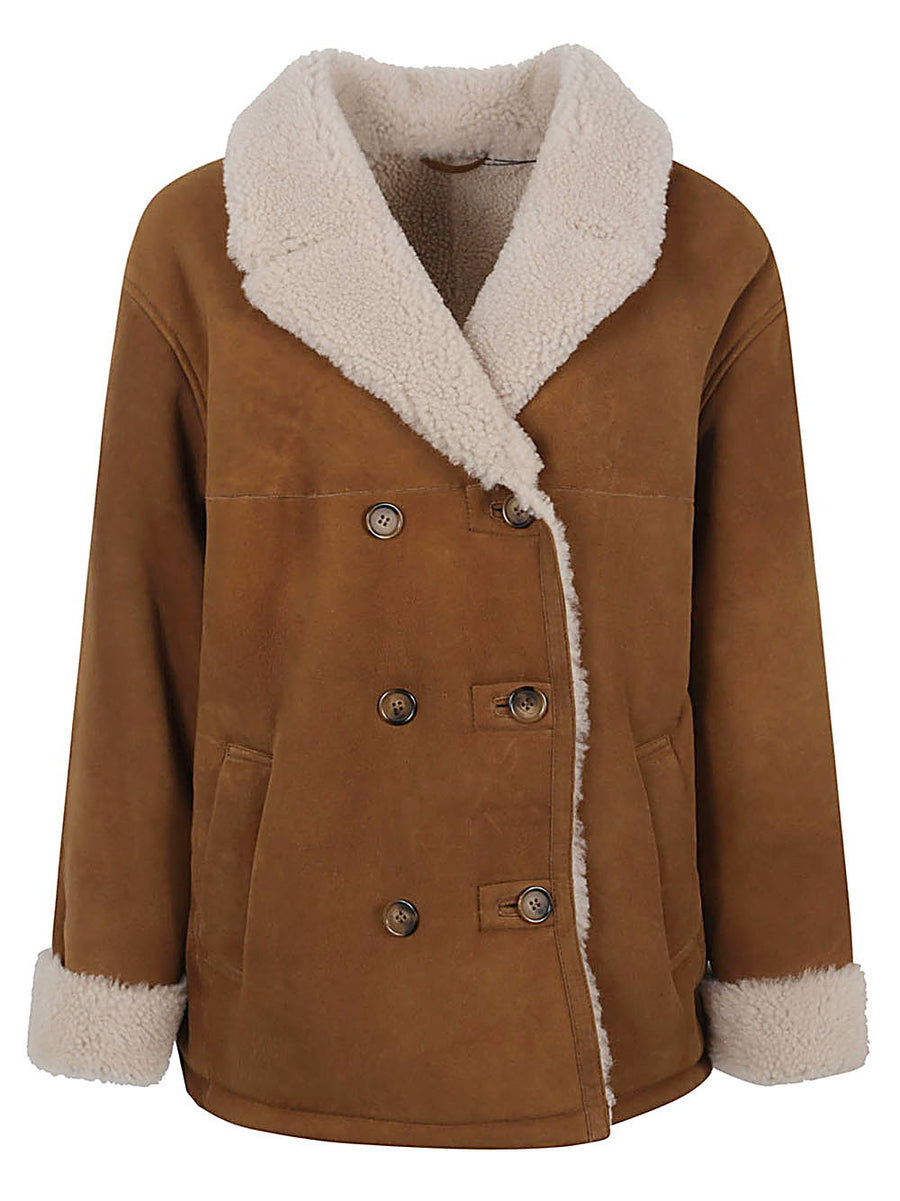 Enes Florentina Camel Suede Jacket For Women With Lux Fur Detailing Double Breasted