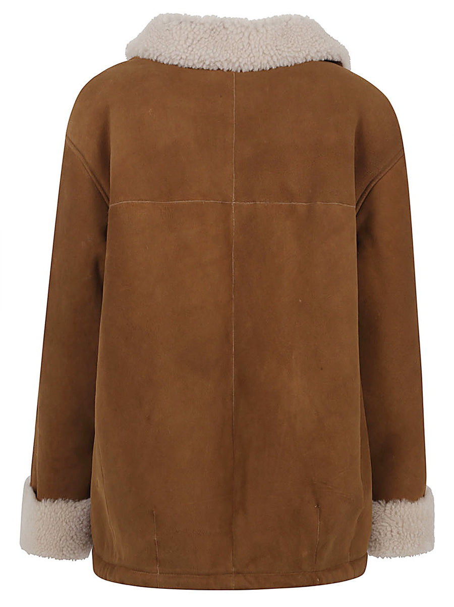 Enes Florentina Camel Suede Jacket For Women With Lux Fur Detailing Double Breasted