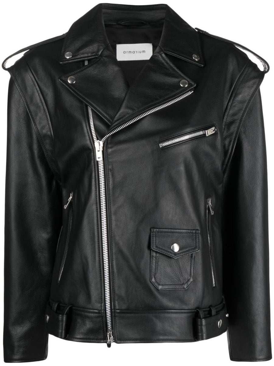 Armarium Leather Biker Jacket for Women in Black Lambskin With Grained Texture and Silver Hardware