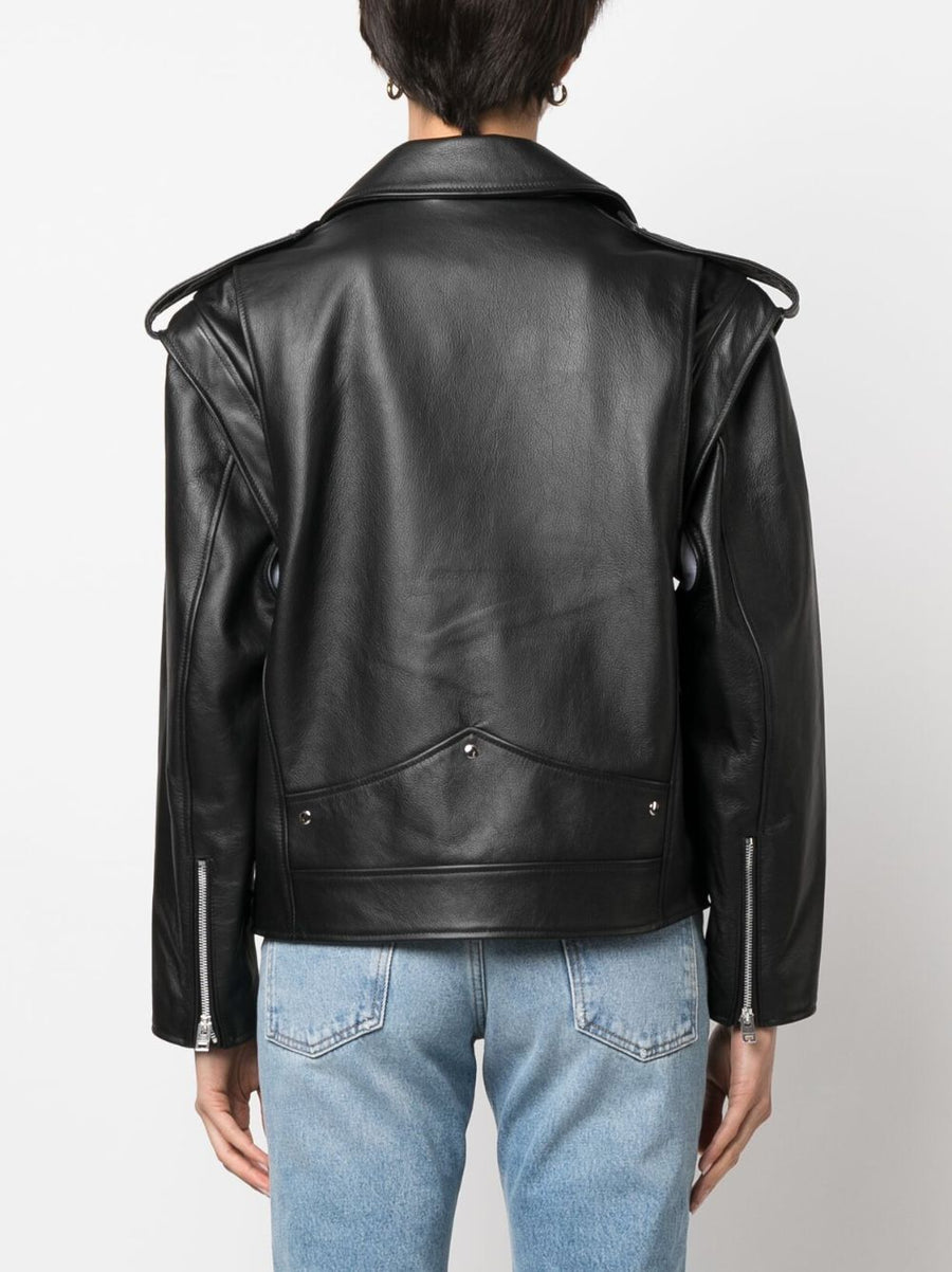 Armarium Leather Biker Jacket for Women in Black Lambskin With Grained Texture and Silver Hardware