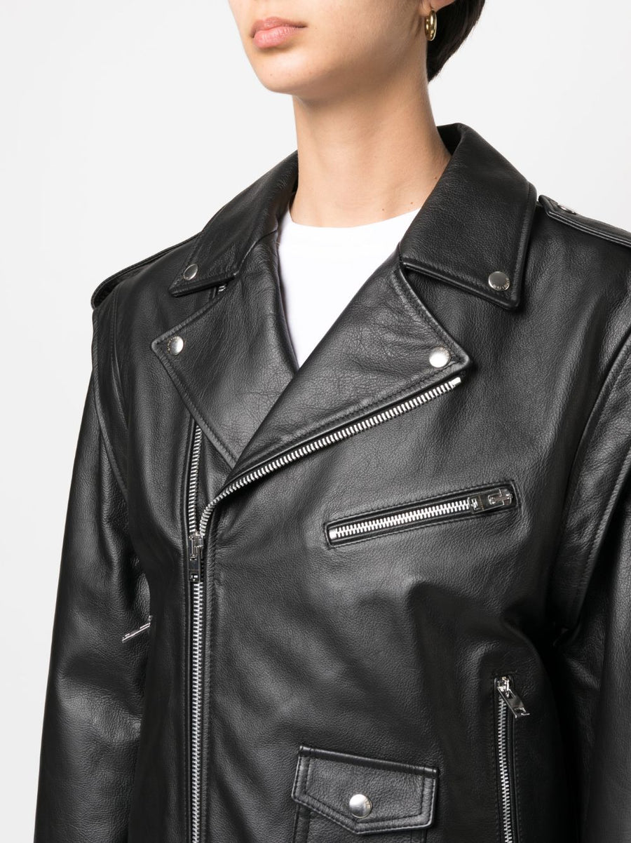 Armarium Leather Biker Jacket for Women in Black Lambskin With Grained Texture and Silver Hardware