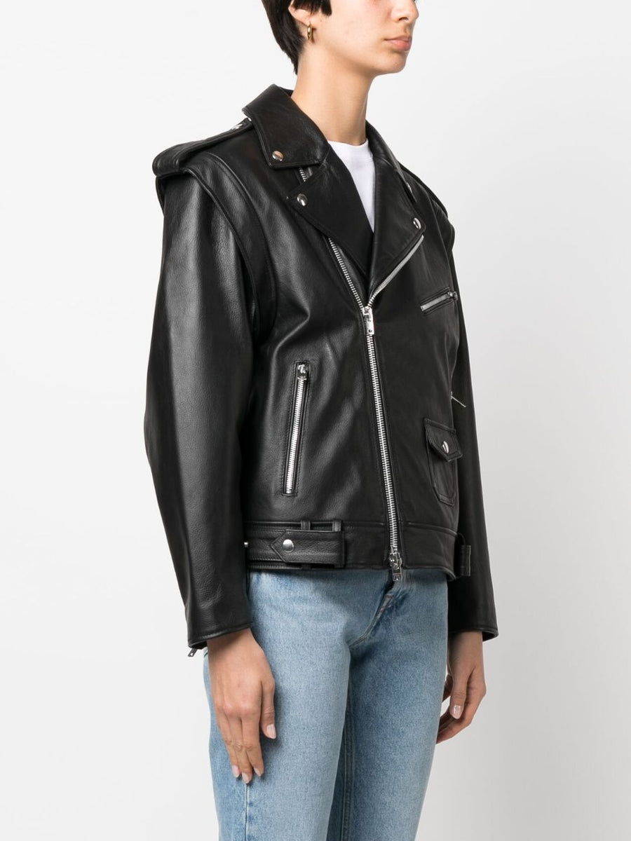 Armarium Leather Biker Jacket for Women in Black Lambskin With Grained Texture and Silver Hardware
