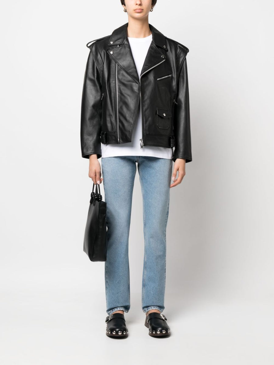 Armarium Leather Biker Jacket for Women in Black Lambskin With Grained Texture and Silver Hardware