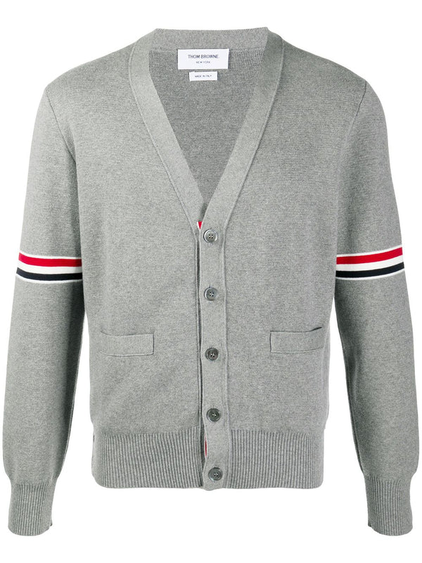 Thom Browne RWB Cotton Cardigan For Men With Milano Stripe Armband Detail Front Button Fastening And Four Bar Signature