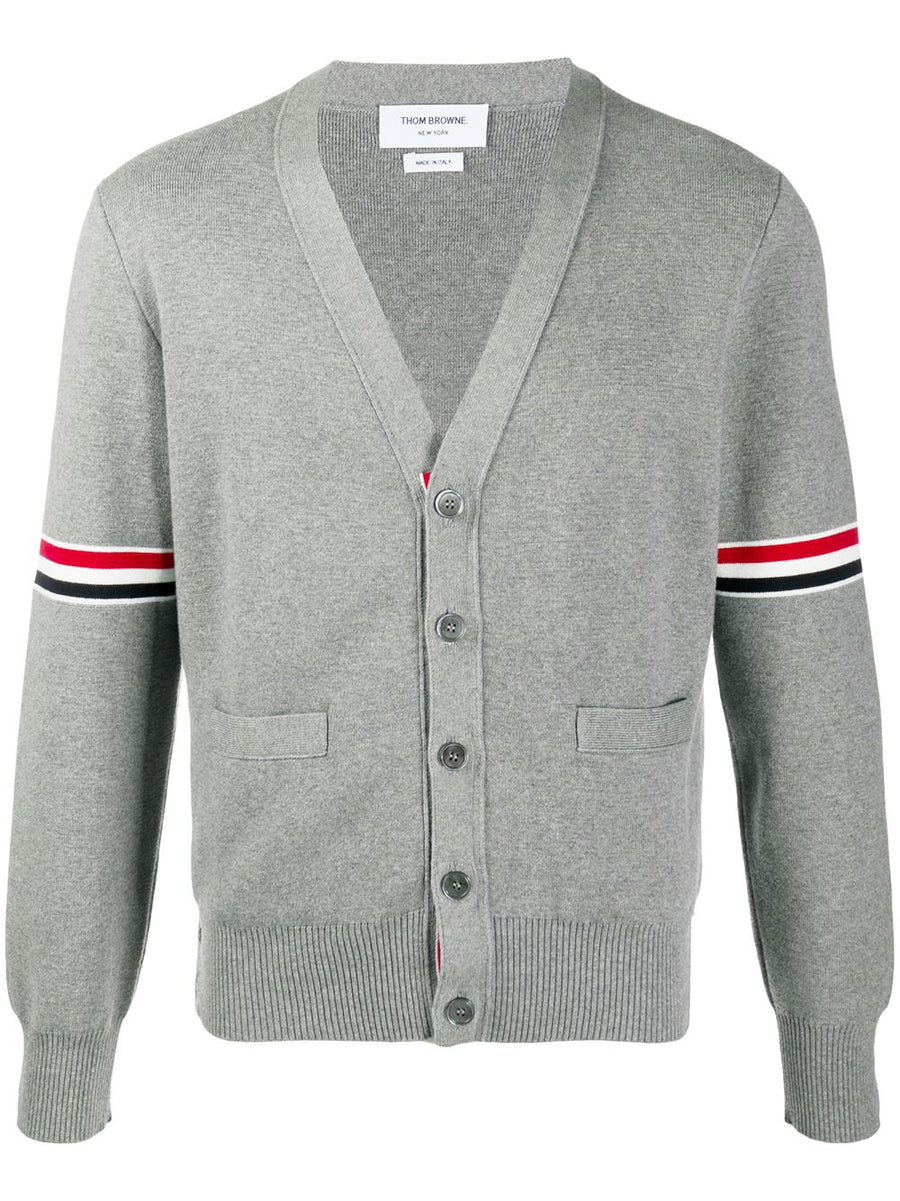 Thom Browne RWB Cotton Cardigan For Men With Milano Stripe Armband Detail Front Button Fastening And Four Bar Signature