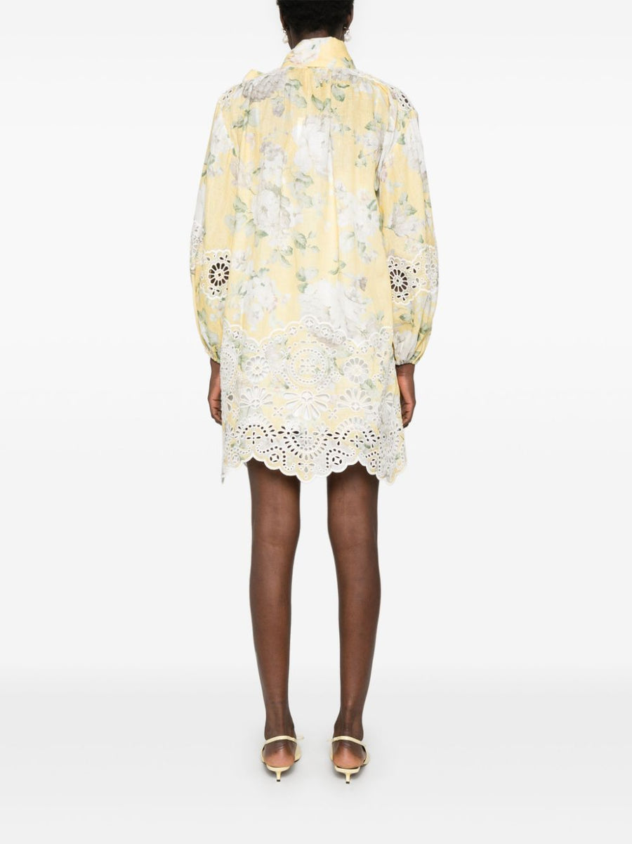Zimmermann Acacia Linen Mini Dress With Floral Print Bow Collar Scalloped Hem For Women