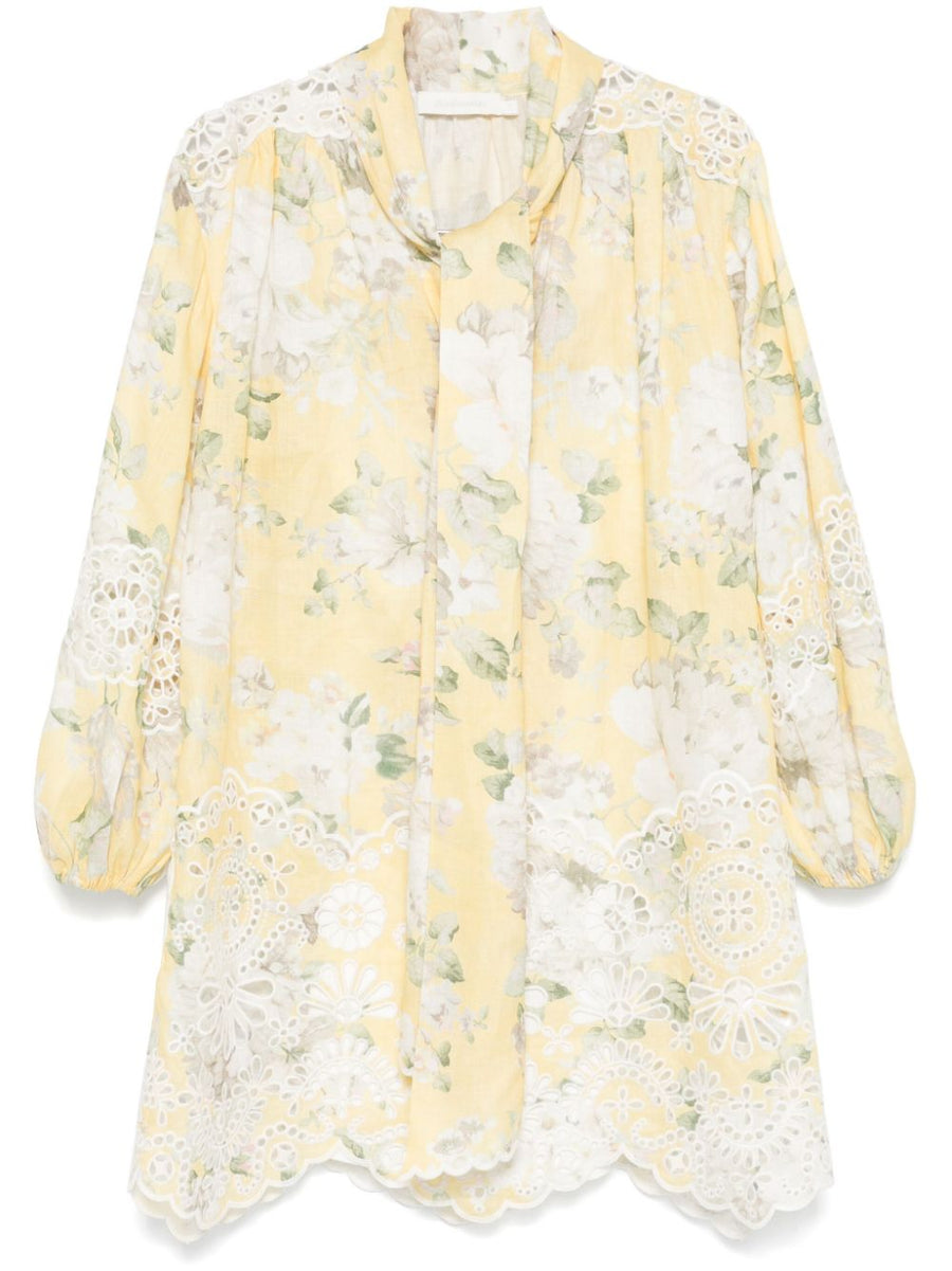 Zimmermann Acacia Linen Mini Dress With Floral Print Bow Collar Scalloped Hem For Women