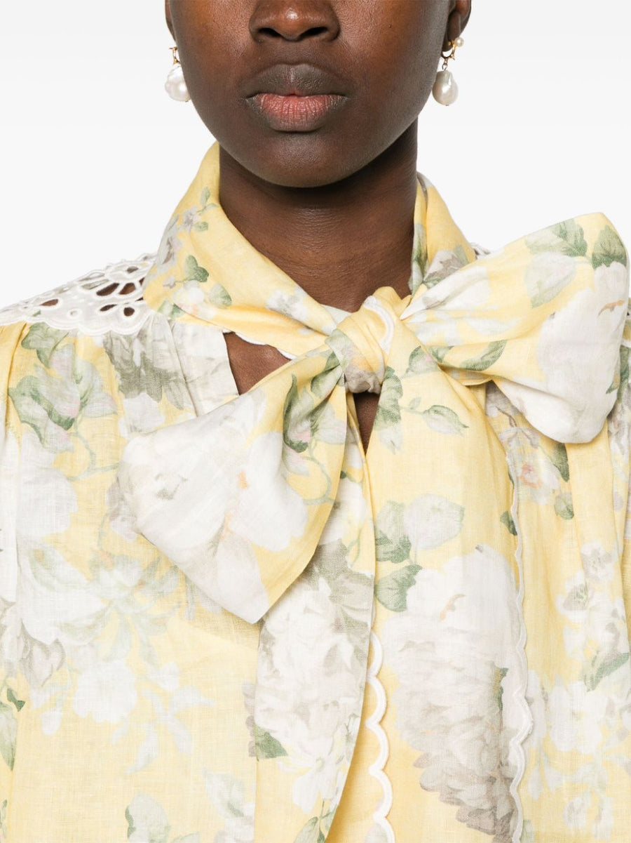 Zimmermann Acacia Linen Mini Dress With Floral Print Bow Collar Scalloped Hem For Women