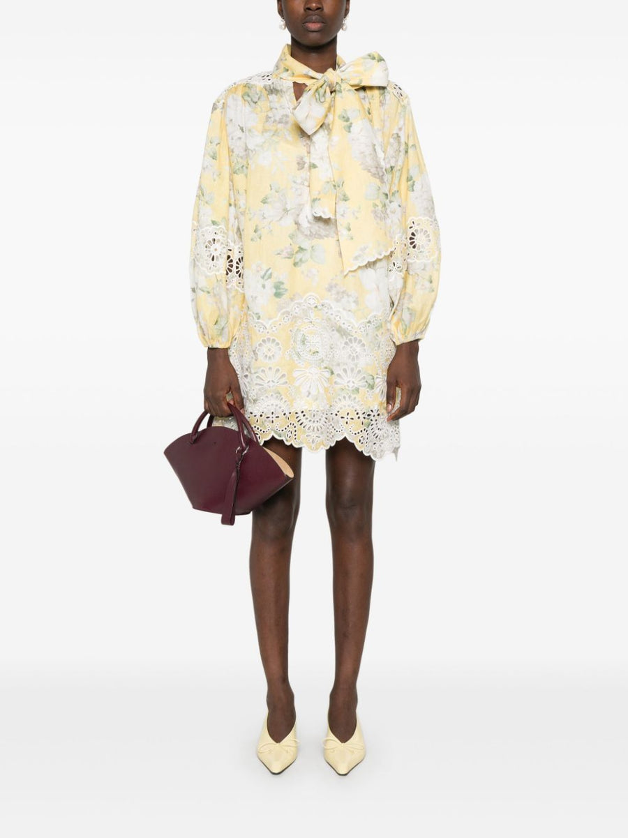 Zimmermann Acacia Linen Mini Dress With Floral Print Bow Collar Scalloped Hem For Women