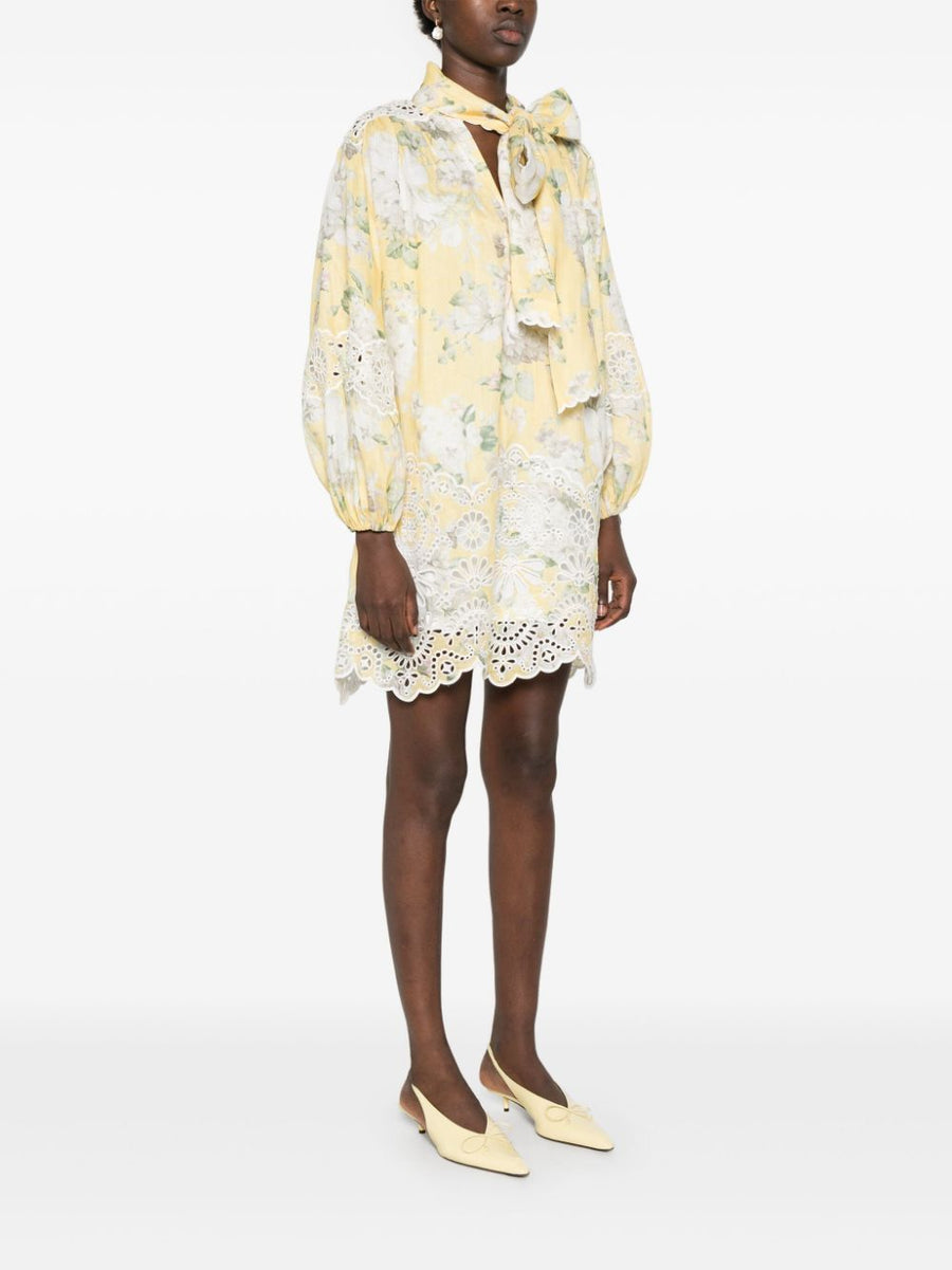 Zimmermann Acacia Linen Mini Dress With Floral Print Bow Collar Scalloped Hem For Women