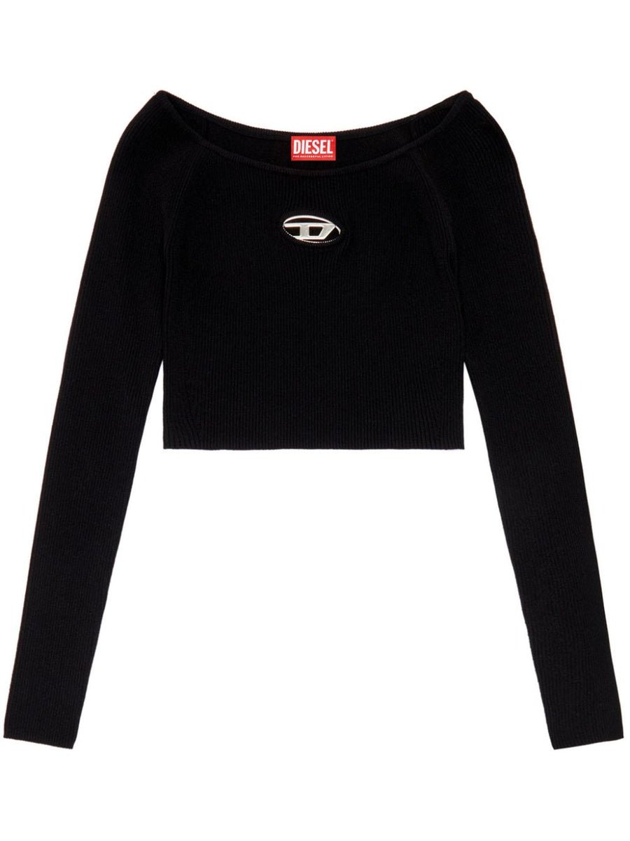 Diesel M Vera Ls Knitted Top Black Versatile Boat Neck With Silver Logo Plaque For Women