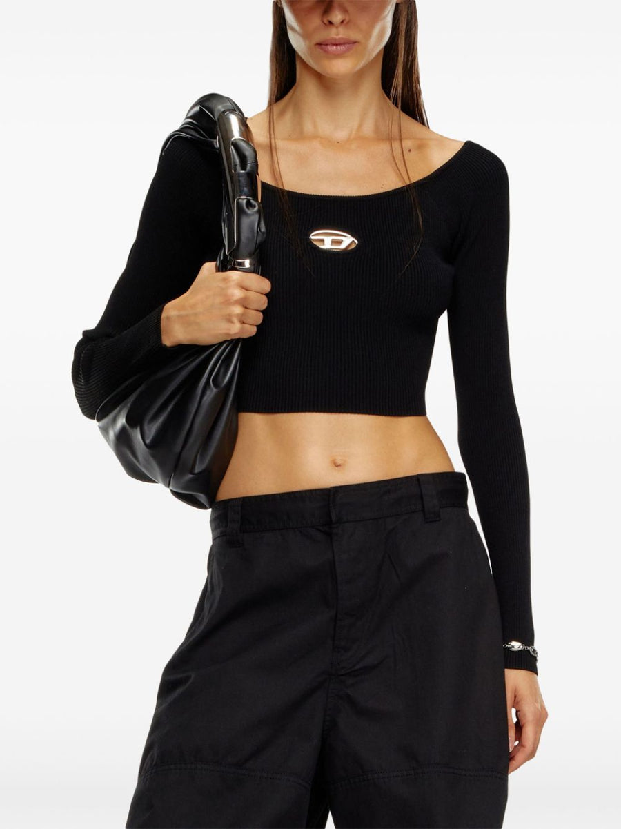 Diesel M Vera Ls Knitted Top Black Versatile Boat Neck With Silver Logo Plaque For Women
