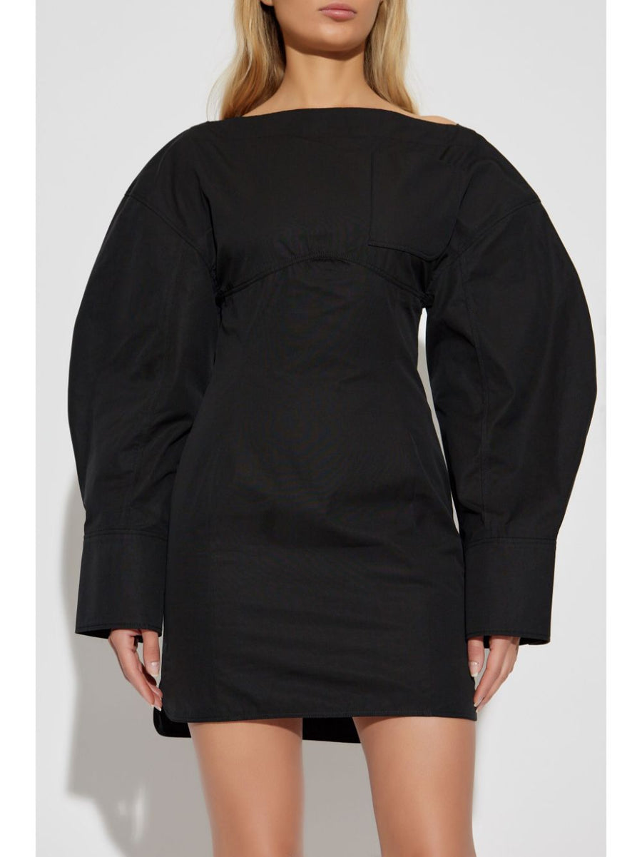 Jacquemus Luxurious Black Cotton Poplin Dress With Textured Yoke And Layered Cutouts For Women