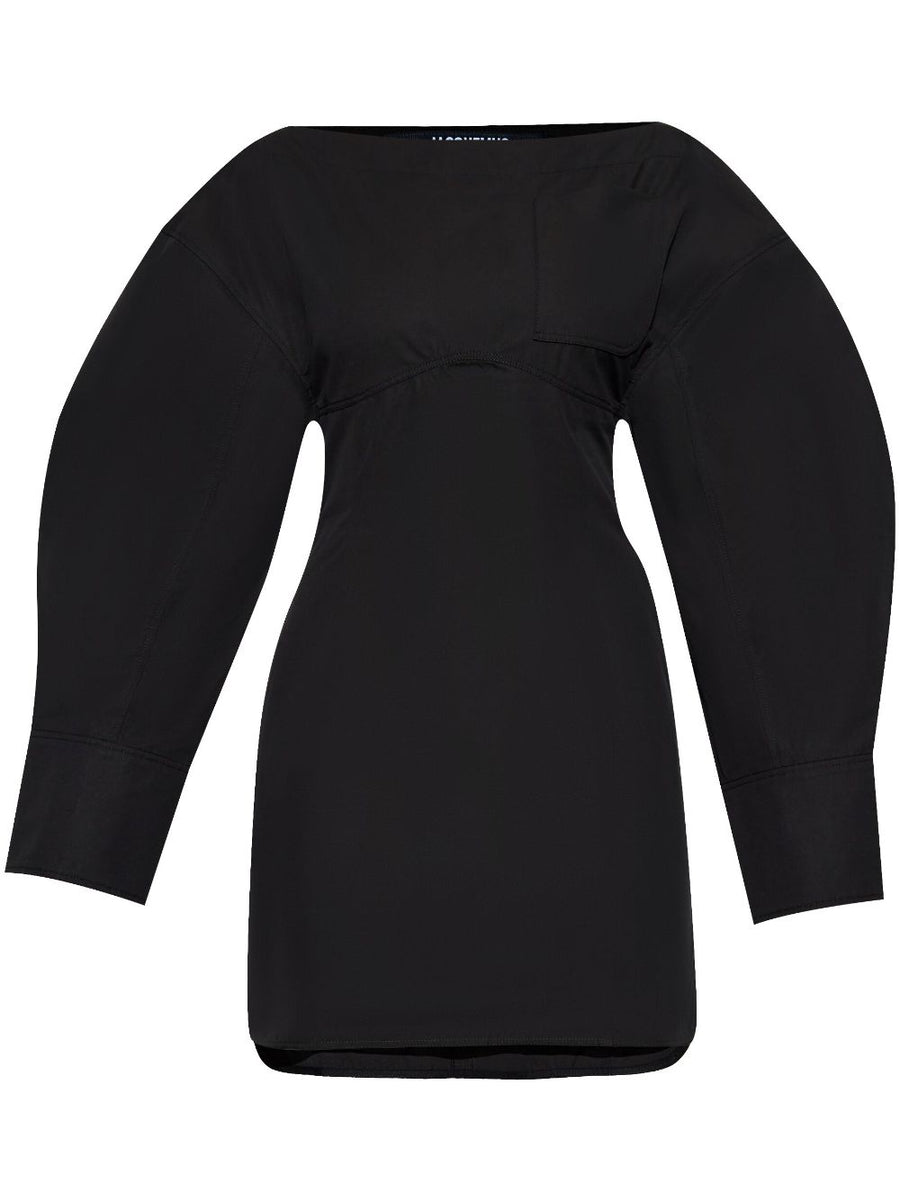 Jacquemus Luxurious Black Cotton Poplin Dress With Textured Yoke And Layered Cutouts For Women