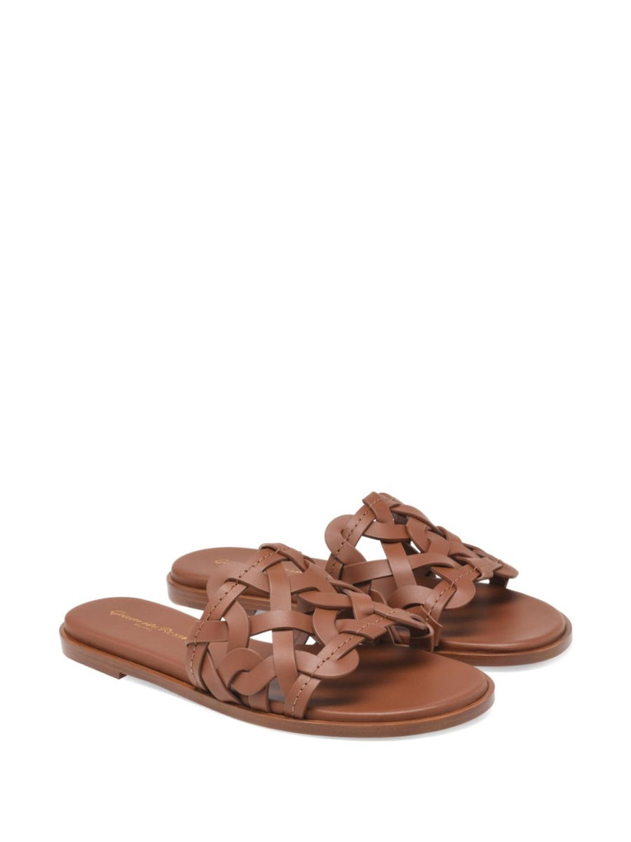 Gianvito Rossi Amalfi Flat Sandals Calf Leather Brown For Women Crossover Toe Strap 1cm Heel Luxury