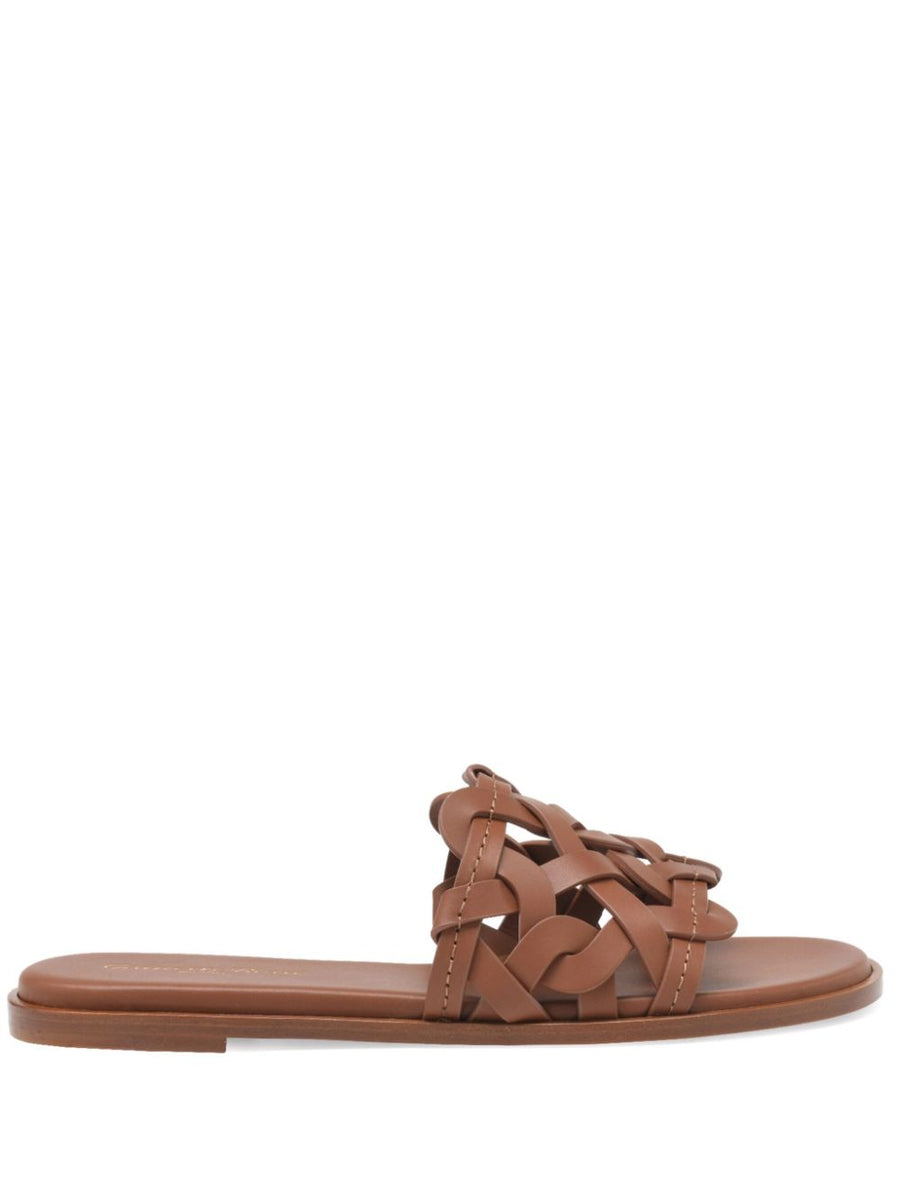 Gianvito Rossi Amalfi Flat Sandals Calf Leather Brown For Women Crossover Toe Strap 1cm Heel Luxury