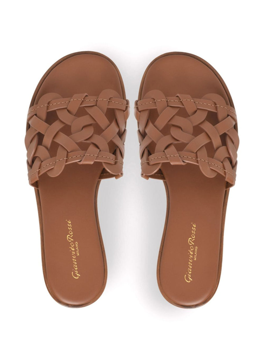 Gianvito Rossi Amalfi Flat Sandals Calf Leather Brown For Women Crossover Toe Strap 1cm Heel Luxury