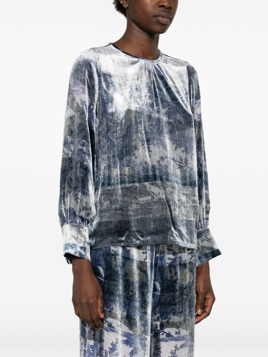 Pierre Louis Mascia Silk Printed Blouse Navy Abstract Print Versatile for Women Office to Evening