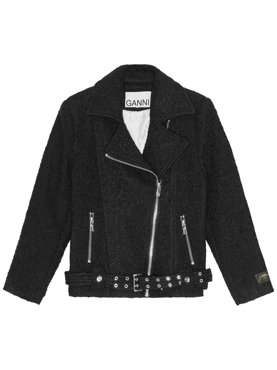 Ganni Textured Boucle Wool Jacket For Women, Sustainable Recycled Wool Blend For Versatile Tailoring