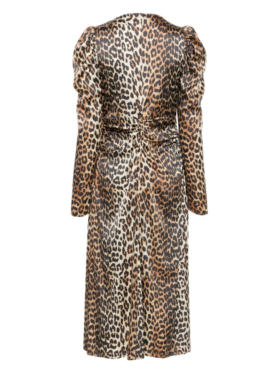 Ganni Leopard Print Ruched Midi Dress For Women Luxurious Silhouette Day To Night Versatility