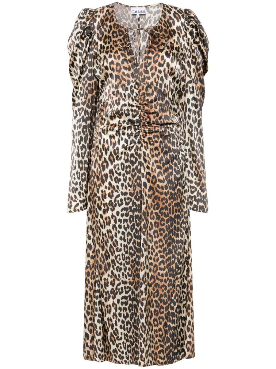 Ganni Leopard Print Ruched Midi Dress For Women Luxurious Silhouette Day To Night Versatility