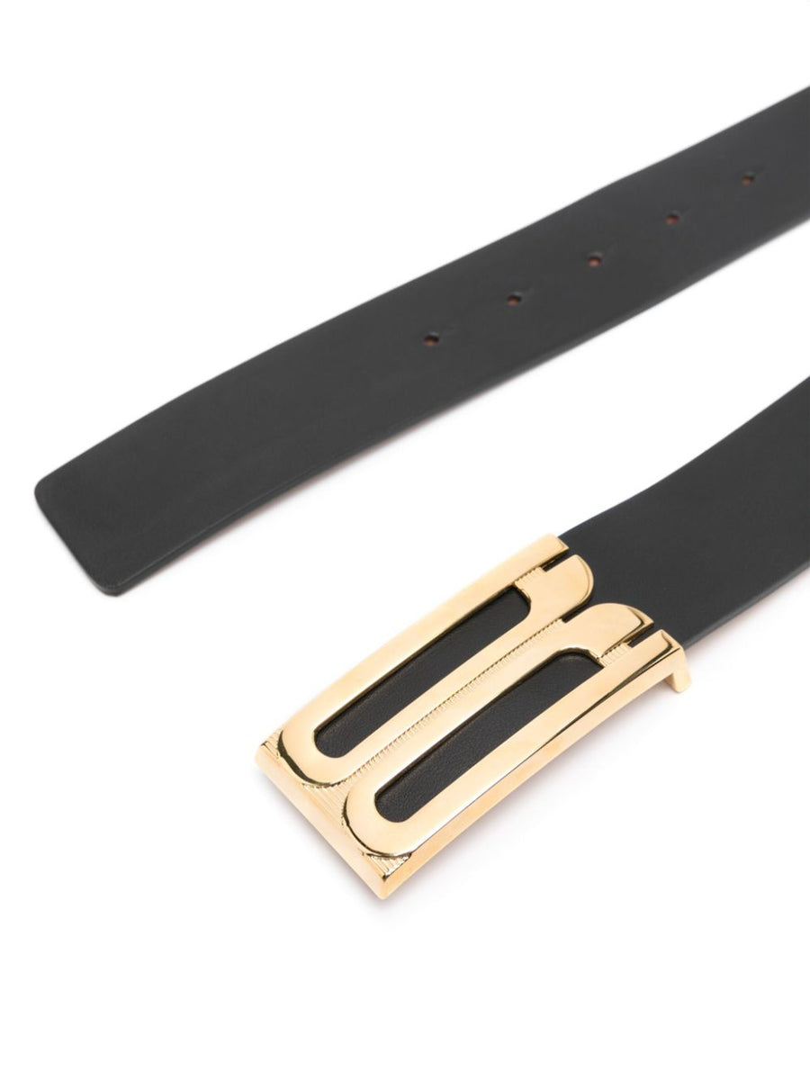 Victoria Beckham Jumbo Frame Gold Tone Logo Buckle Leather Belt For Women Luxurious Calf Leather Black