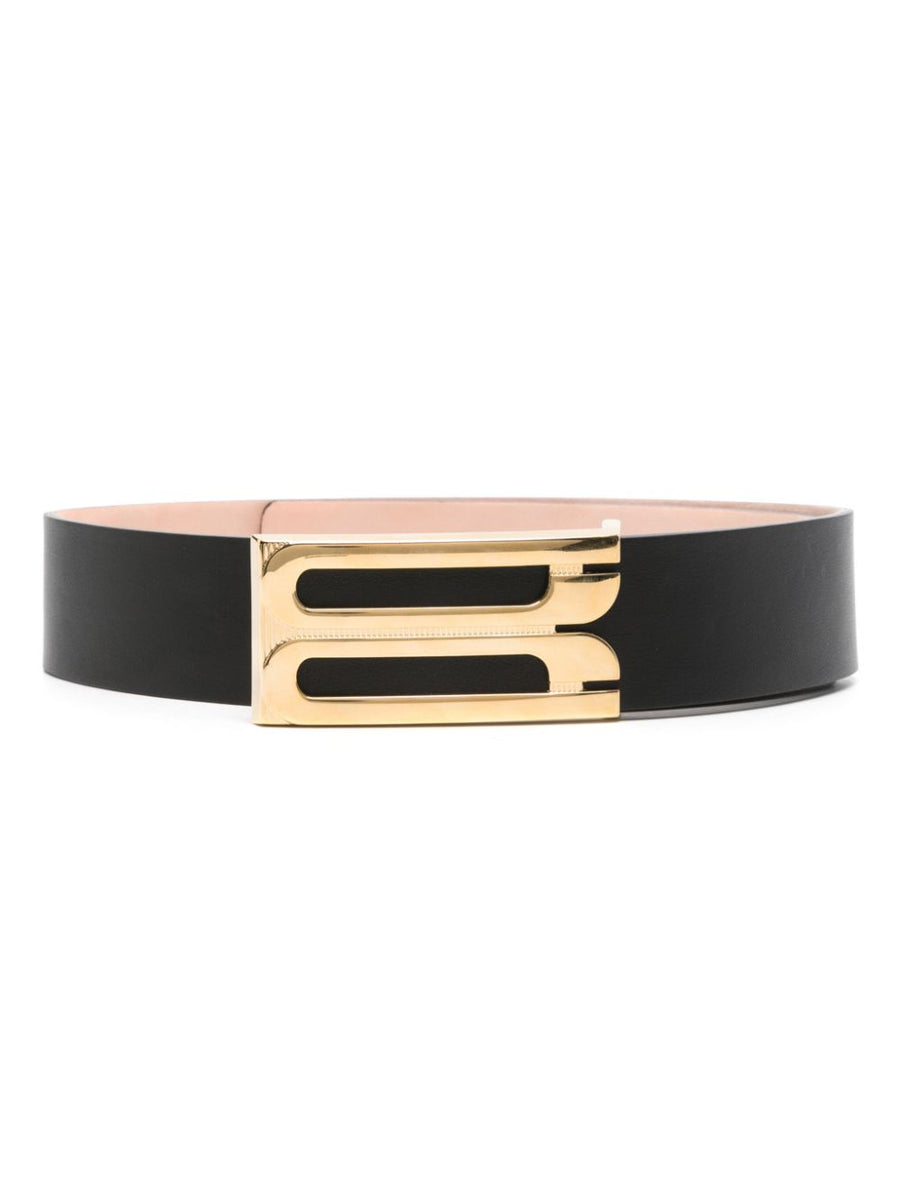 Victoria Beckham Jumbo Frame Gold Tone Logo Buckle Leather Belt For Women Luxurious Calf Leather Black