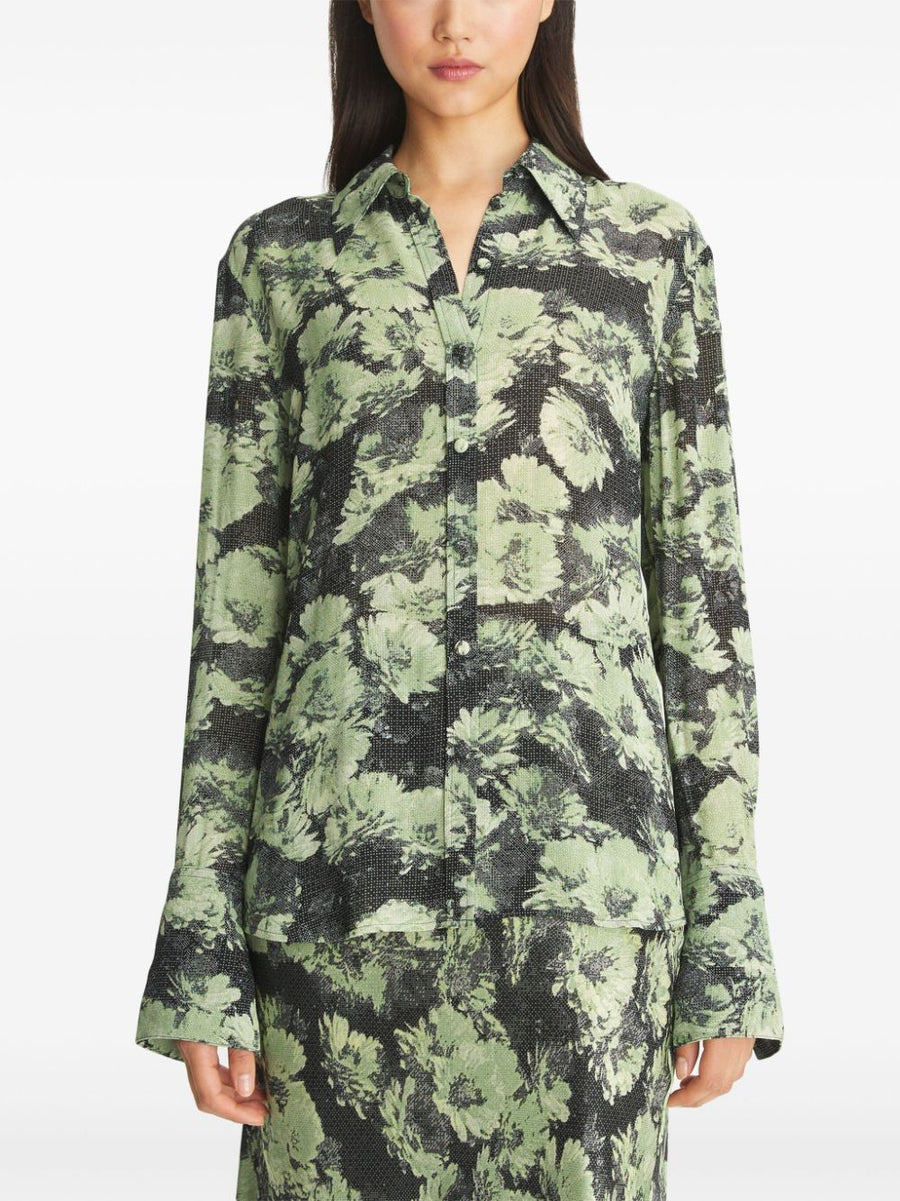 Tory Burch Green Printed Shirt For Women With Front Button Fastening And Curved Hem
