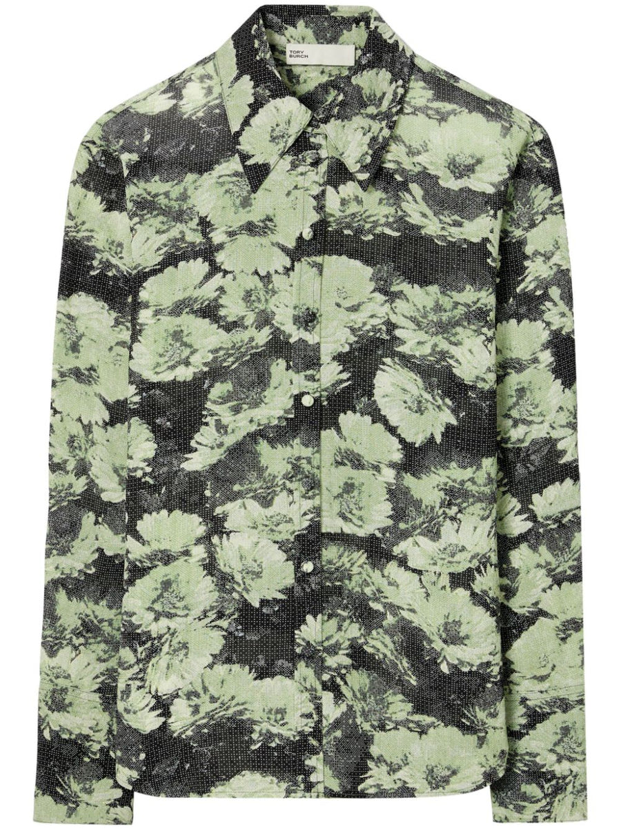 Tory Burch Green Printed Shirt For Women With Front Button Fastening And Curved Hem