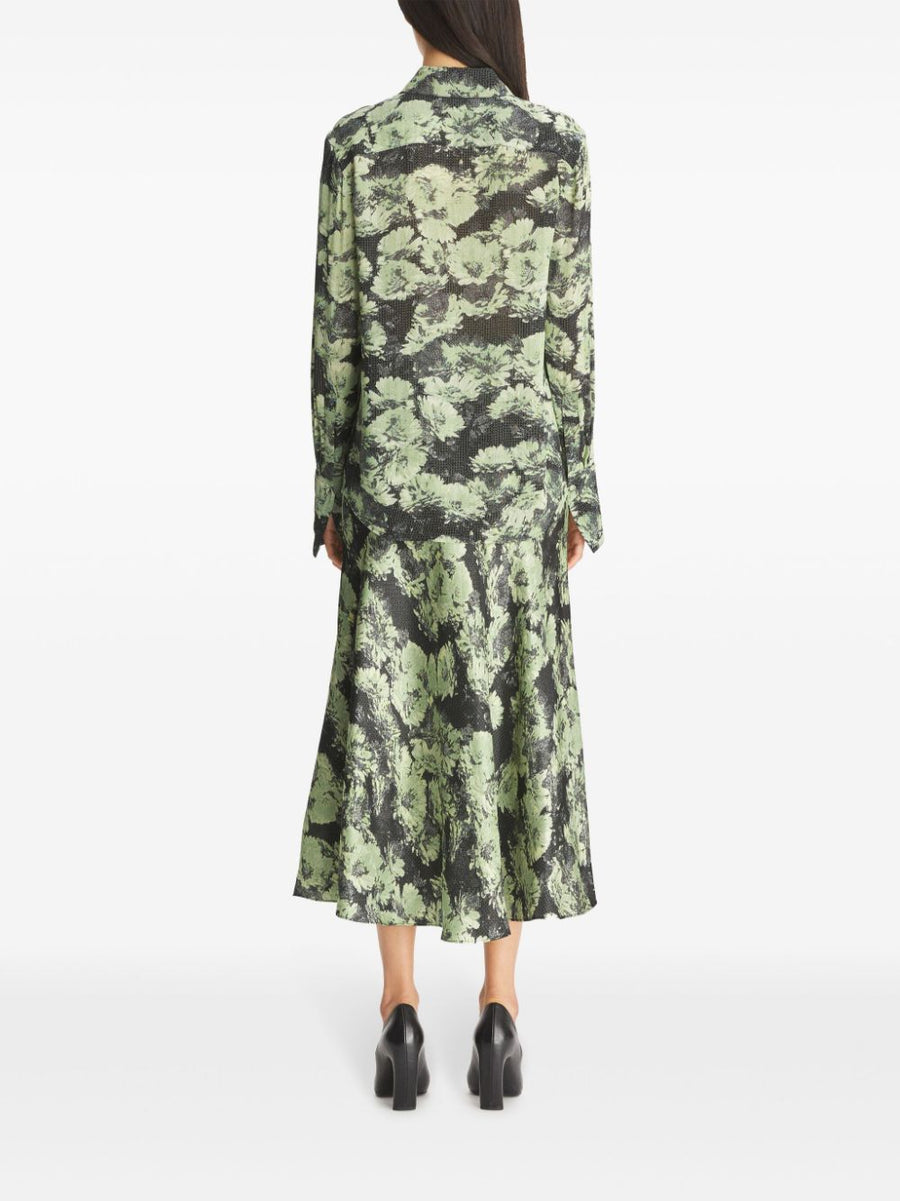 Tory Burch Green Printed Shirt For Women With Front Button Fastening And Curved Hem