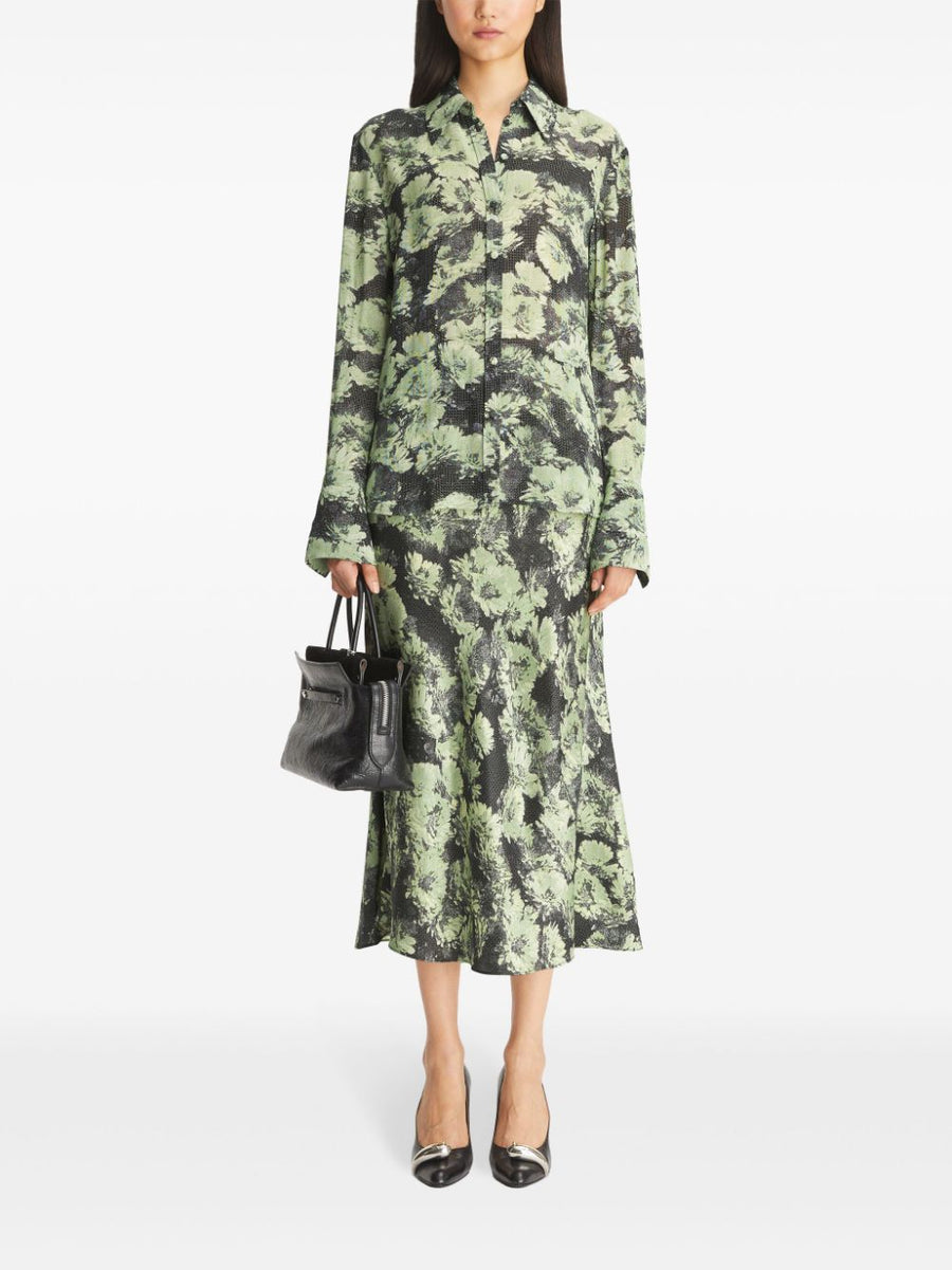 Tory Burch Green Printed Shirt For Women With Front Button Fastening And Curved Hem