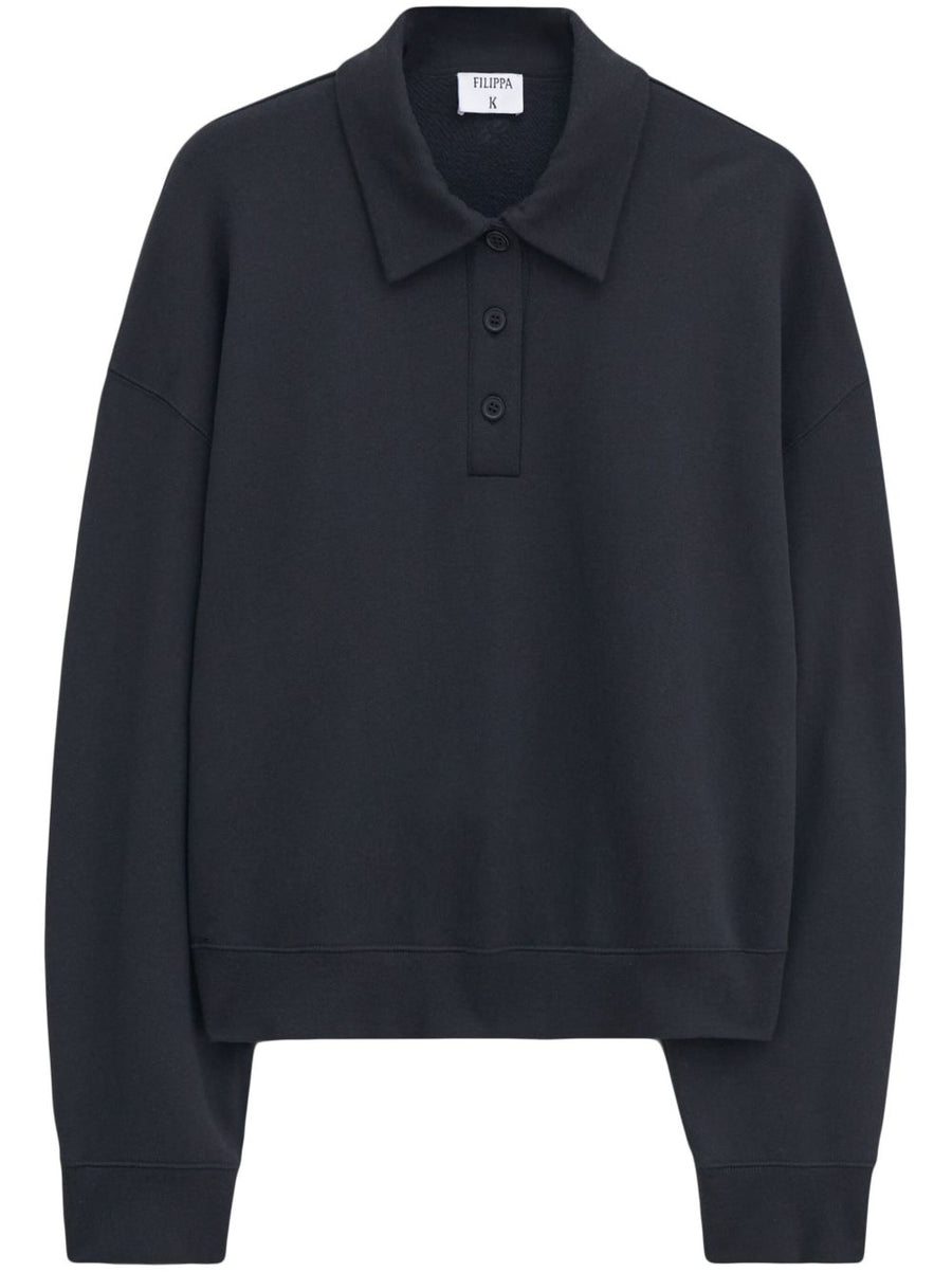 Filippa K Long Sleeve Polo Shirt Women Black Cotton Lyocell Jersey Soft Draped Comfort Everyday Essential