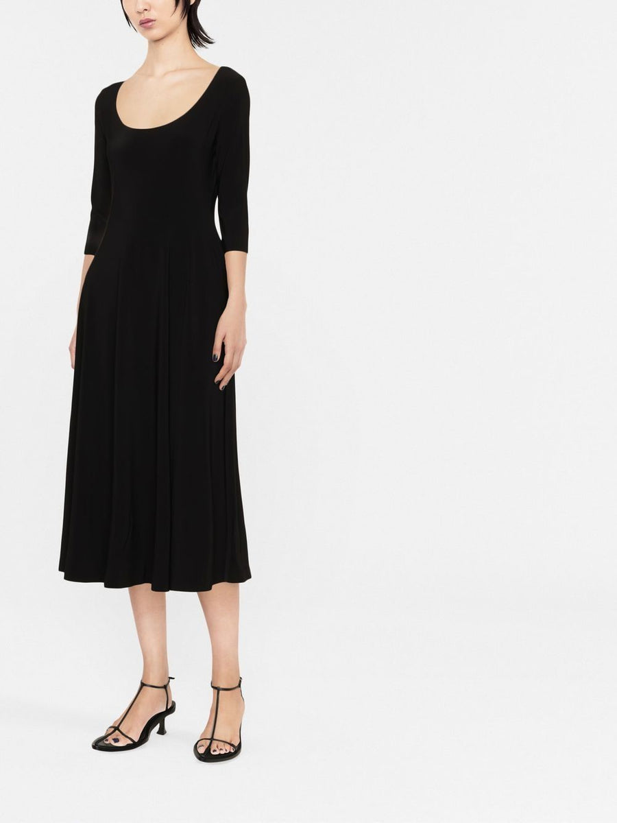 Norma Kamali Flared Midi Dress Black U Neck Skater Silhouette For Modern Women All Day Wear