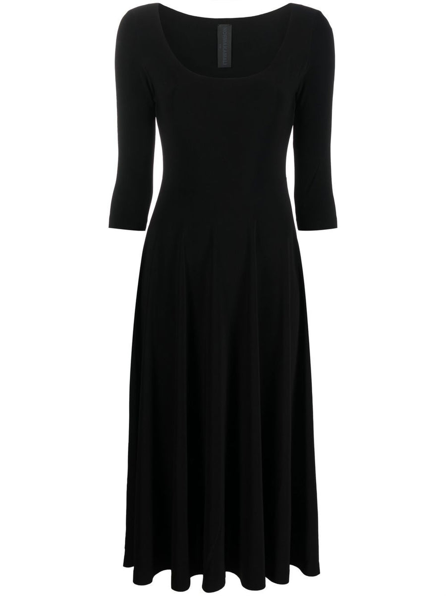 Norma Kamali Flared Midi Dress Black U Neck Skater Silhouette For Modern Women All Day Wear