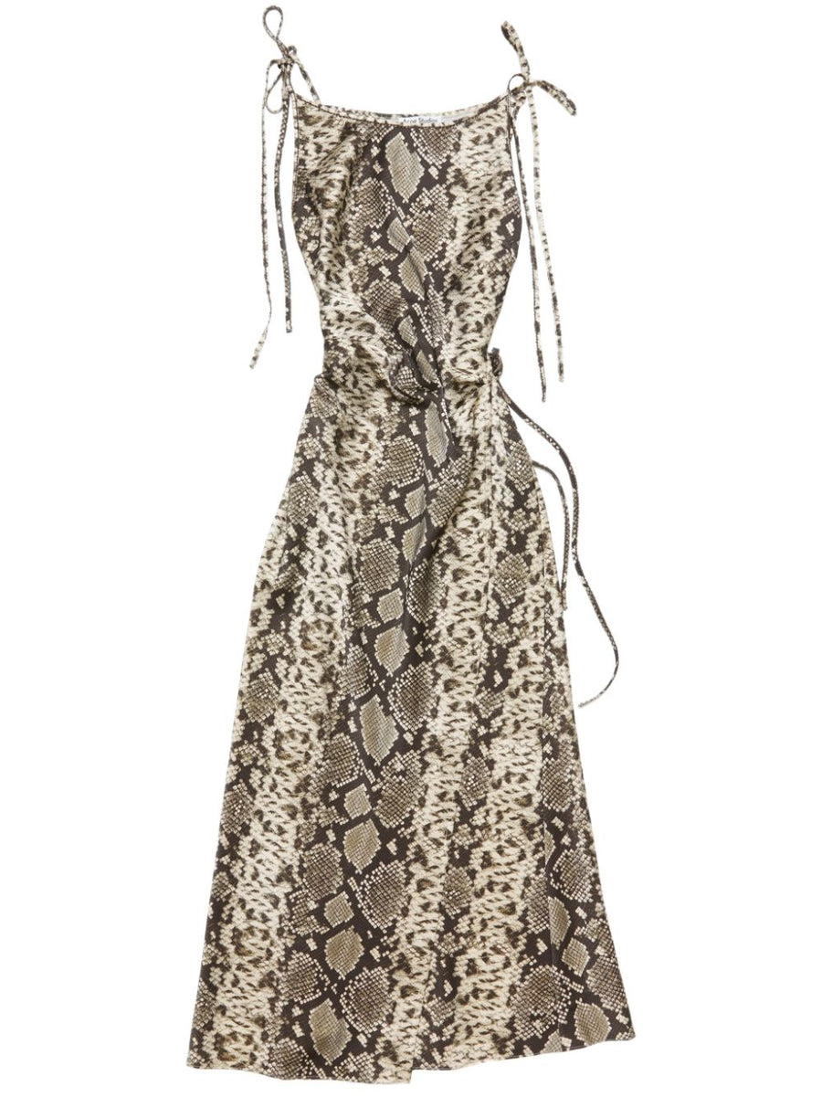 Acne Studios Satin Dress Brown Printed Snakeskin Inspired With Tied Waist Day To Night For Women