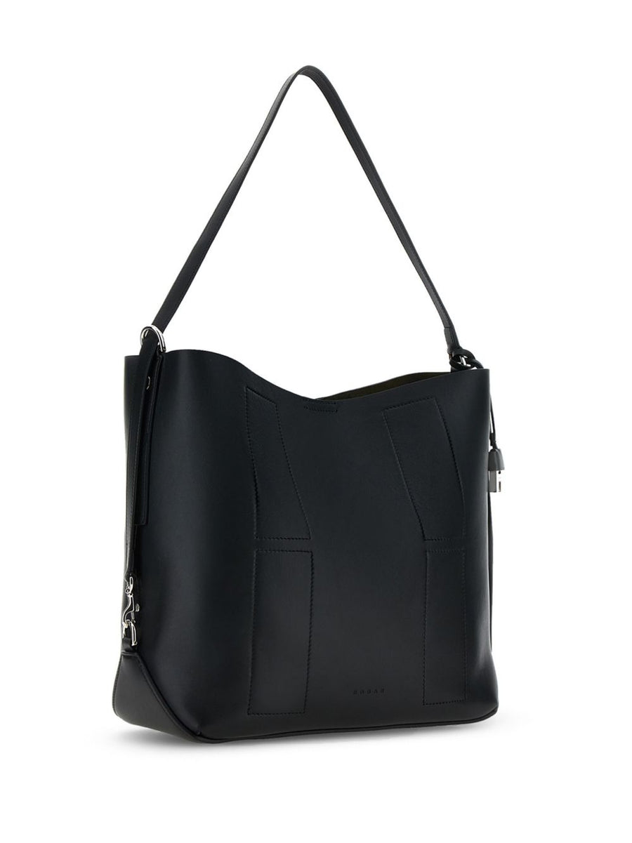 Hogan Hocket Black Calf Leather Hobo Bag For Women Magnetic Closure Removable Pouch Versatile Day To Night