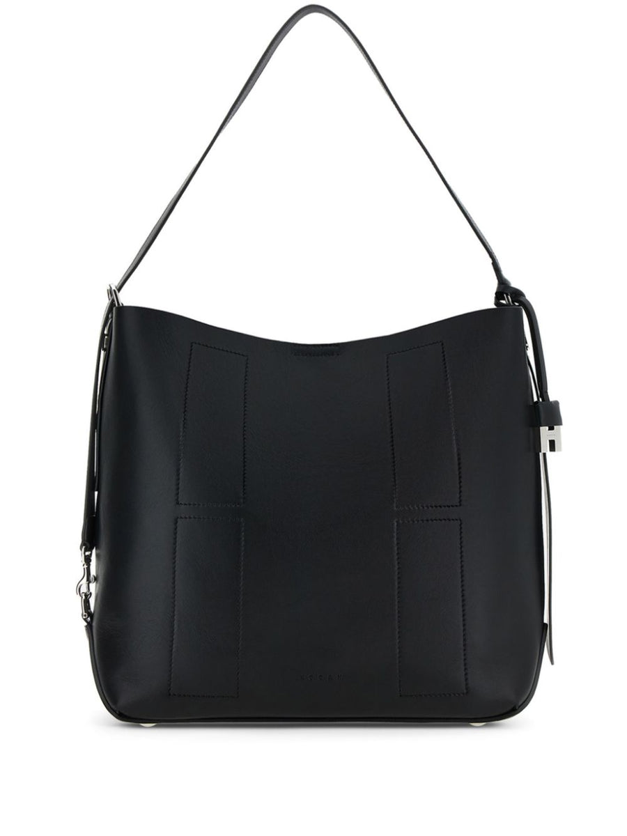 Hogan Hocket Black Calf Leather Hobo Bag For Women Magnetic Closure Removable Pouch Versatile Day To Night