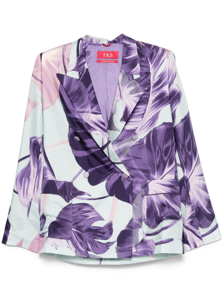 F.R.S Printed Silk Jacket for Women with Bold Floral Print Double-Breasted Tailored Violet Purple