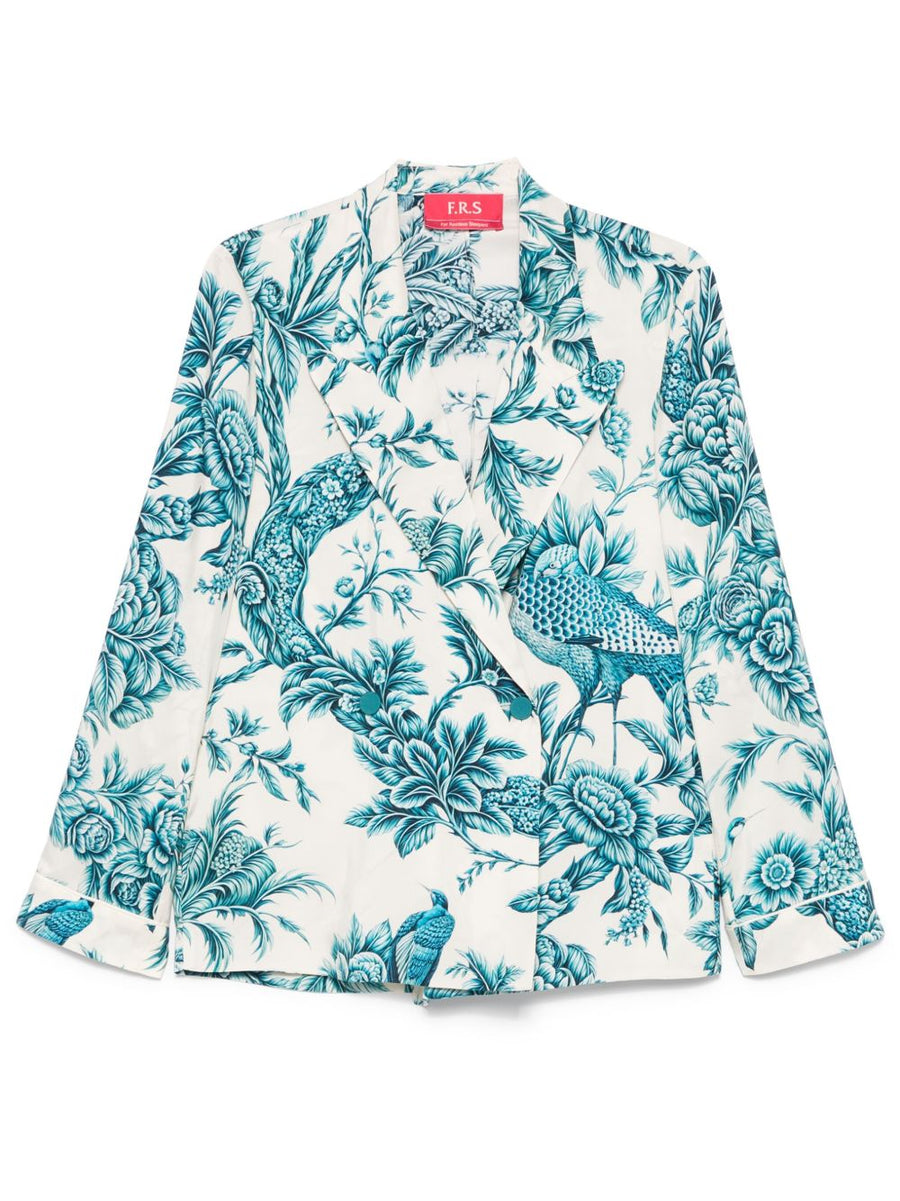 F.R.S Otrera Silk Floral Shirt For Women All Over Floral Print Double Breasted Front Peak Lapels Blue