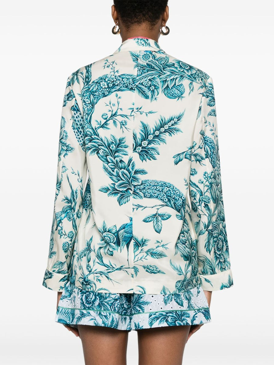 F.R.S Otrera Silk Floral Shirt For Women All Over Floral Print Double Breasted Front Peak Lapels Blue