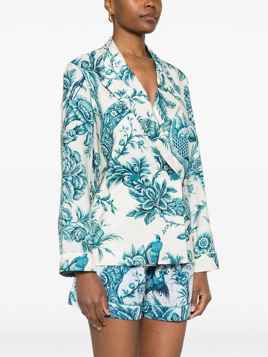 F.R.S Otrera Silk Floral Shirt For Women All Over Floral Print Double Breasted Front Peak Lapels Blue