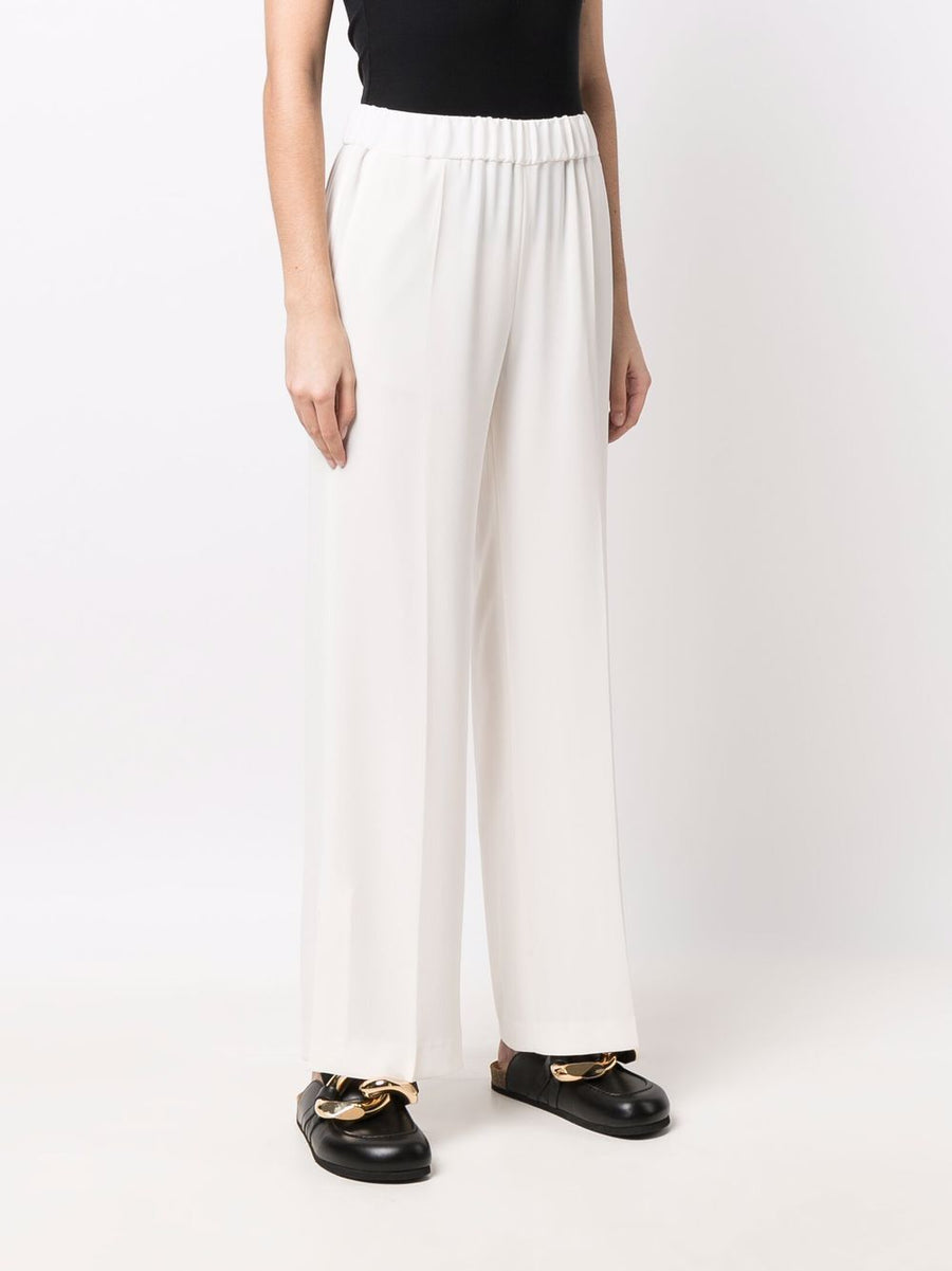 Alberto Biani White Cady Elasticated Premium Trousers For Women With High Waist Wide Leg Pressed Crease