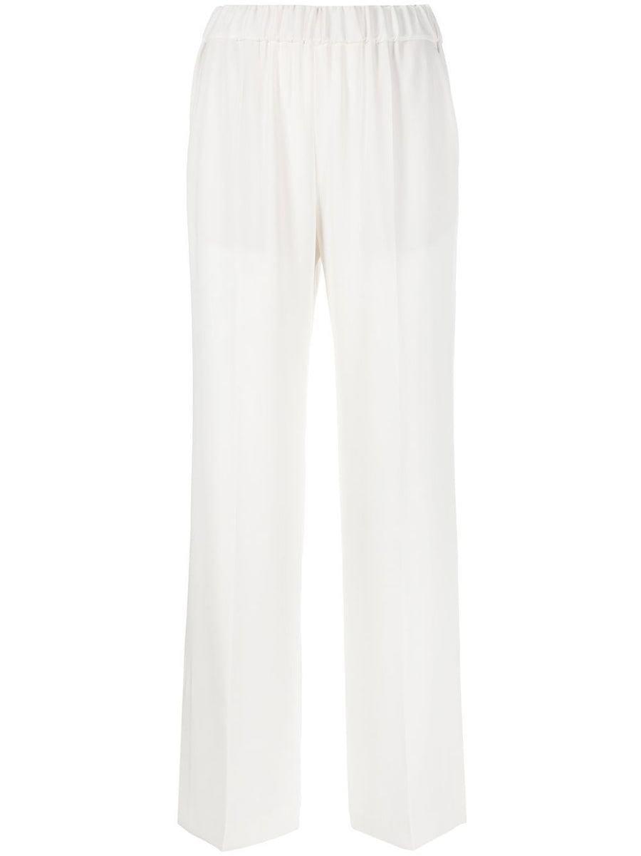 Alberto Biani White Cady Elasticated Premium Trousers For Women With High Waist Wide Leg Pressed Crease