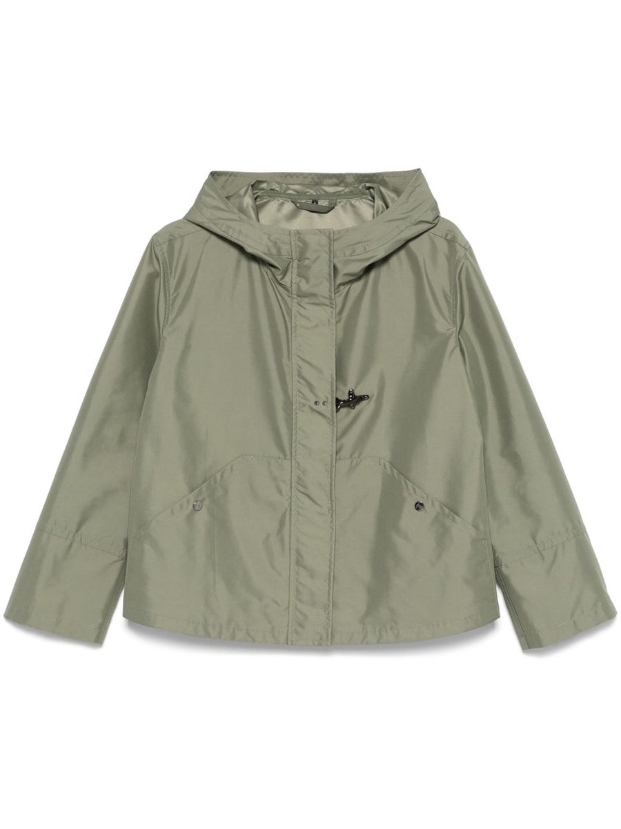 Fay Short Parka Coat Fern Green For Women Lightweight Polyester Front Press Stud Pockets