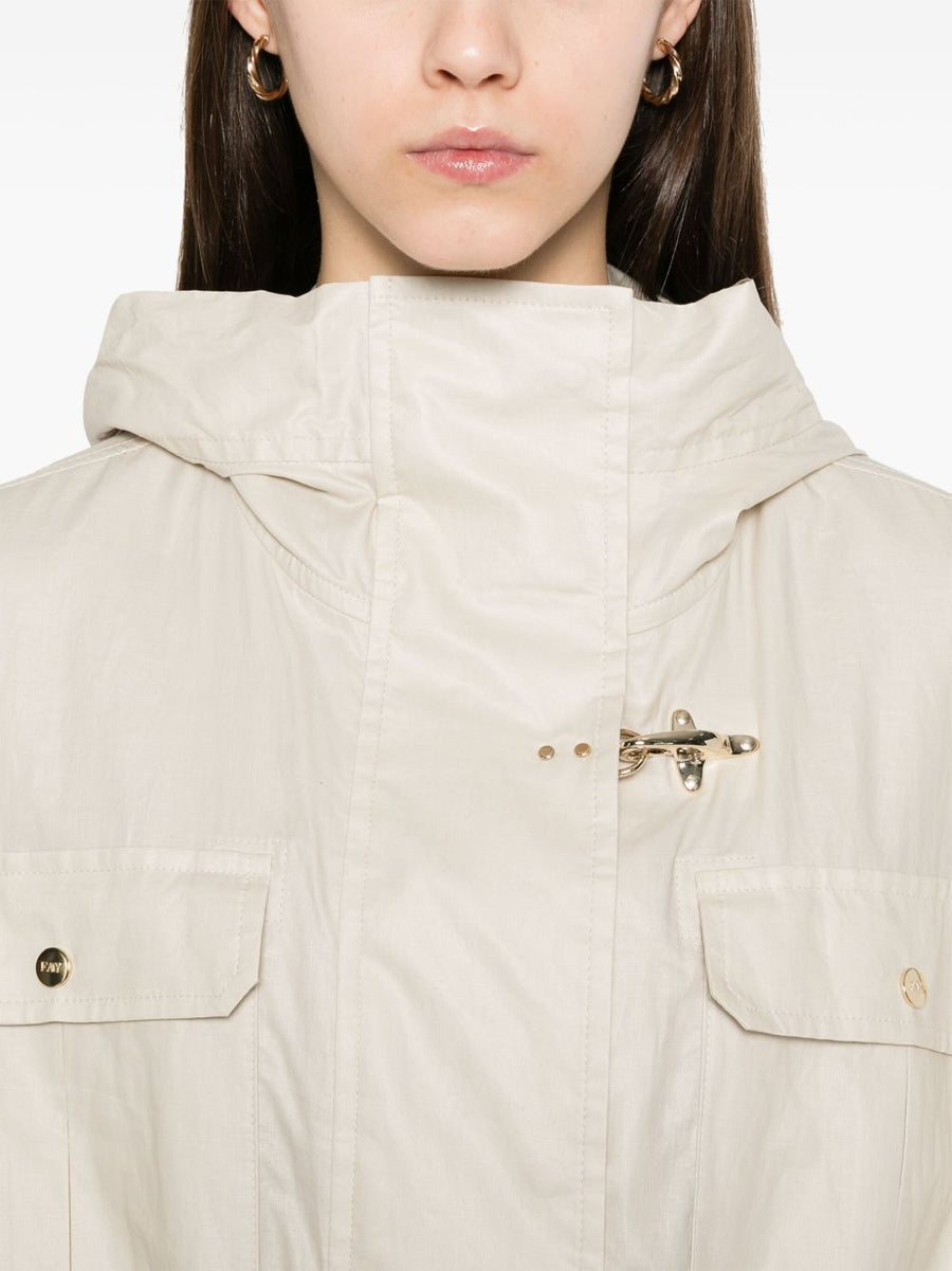 Fay Linen and Cotton Parka Coat For Women With Effortless Drawstring Waist Front Zip And Stud