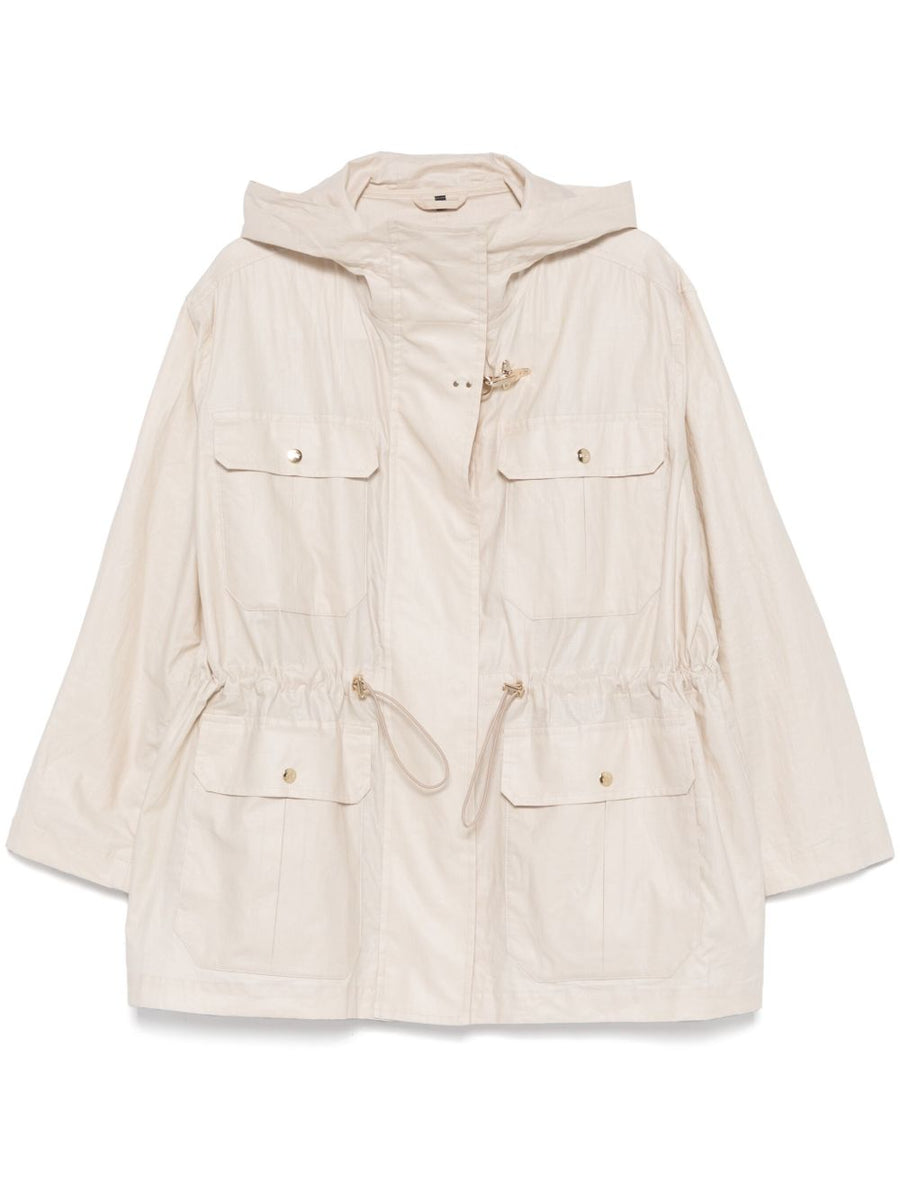 Fay Linen and Cotton Parka Coat For Women With Effortless Drawstring Waist Front Zip And Stud