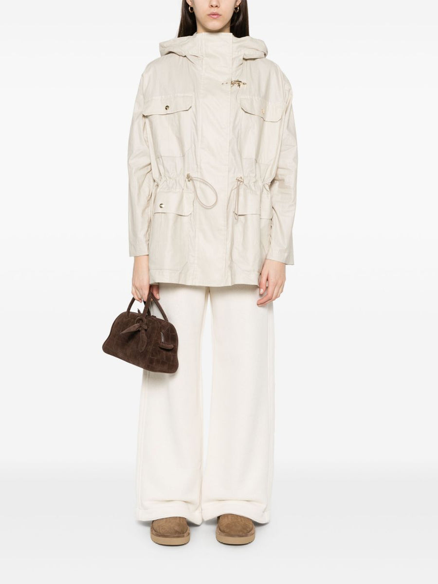 Fay Linen and Cotton Parka Coat For Women With Effortless Drawstring Waist Front Zip And Stud