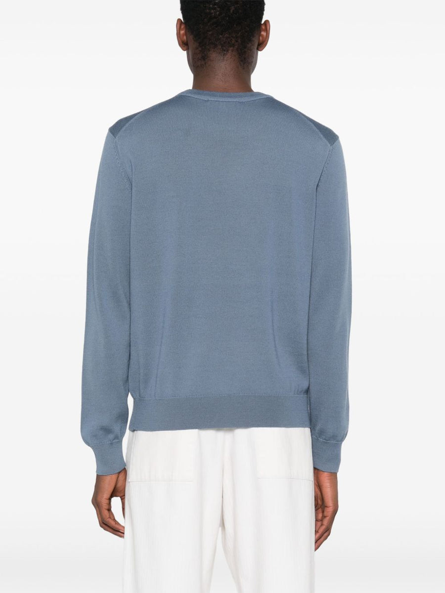 Maison Kitsuné Bold Fox Head Applique Sweater For Men Teal Blue Cotton Knit Layerable Luxury