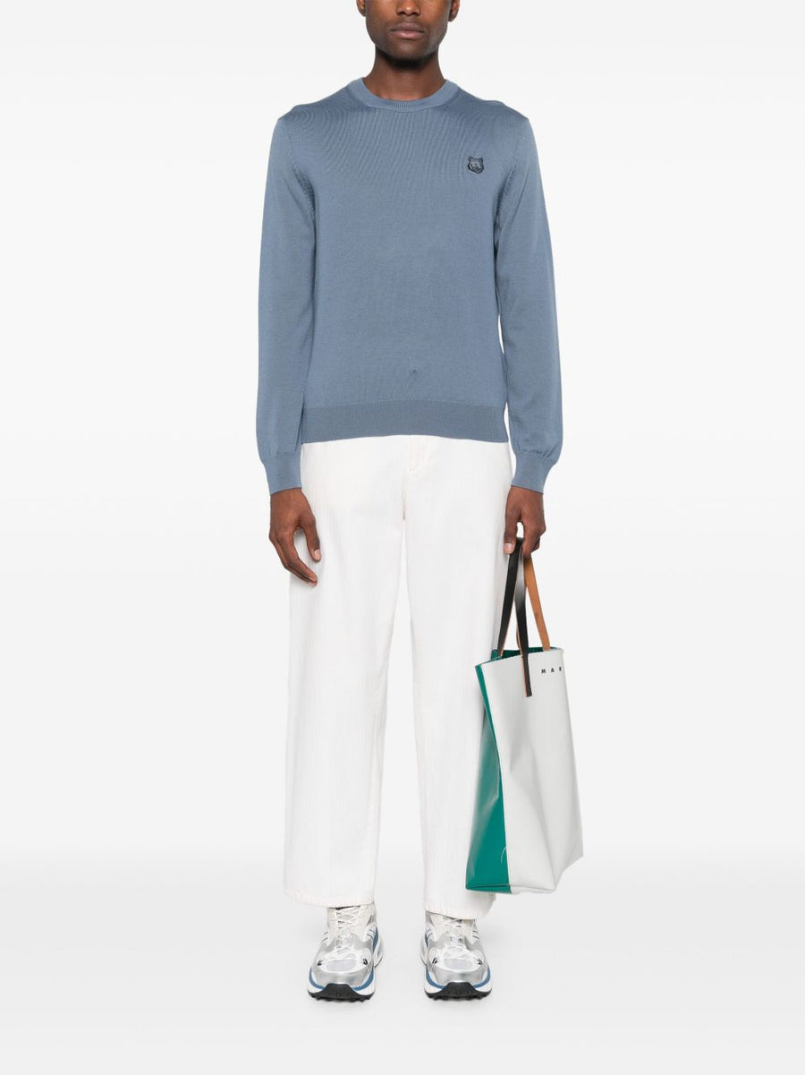 Maison Kitsuné Bold Fox Head Applique Sweater For Men Teal Blue Cotton Knit Layerable Luxury